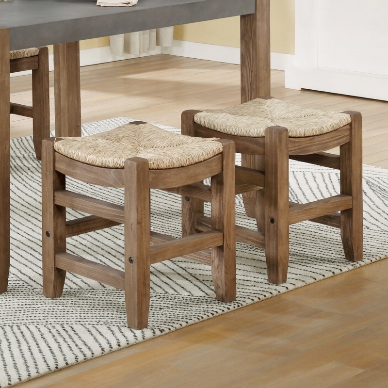 Aston 15" Wide Rustic Industrial Solid Wood Faux Concrete 2 Piece Square Stool Set With Rush Seats