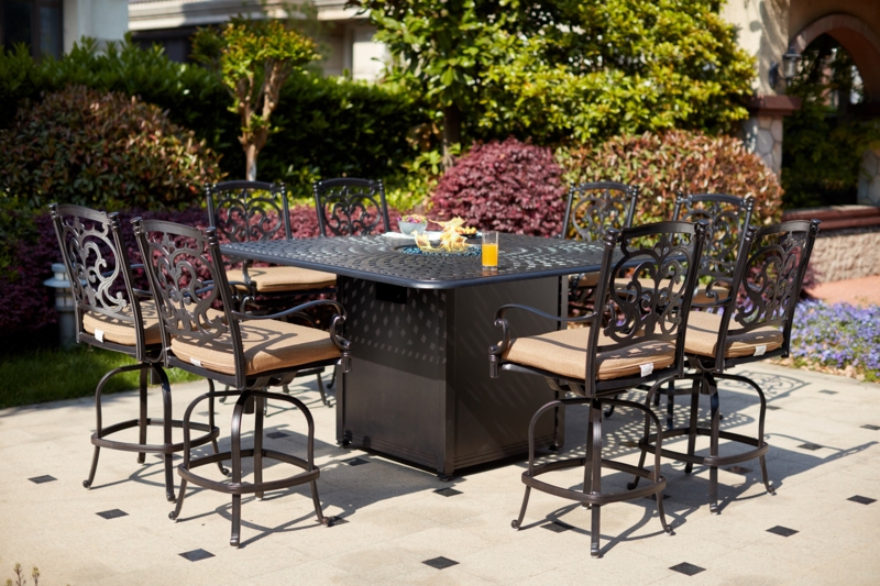 Baugh 9-Pc Patio Counter Height Propane Fire Pit Bar Set w/ Cushions & 64" Square Fire Pit Bar Table