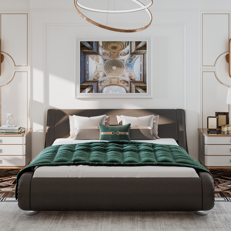 Bettejean Vegan Leather Metal Sleigh Bed