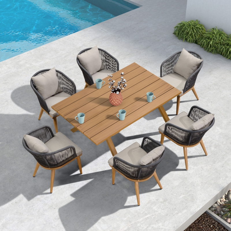 Braylin 7 Pieces Patio Dining Sets All-weather Wicker Patio Furniture With Large Size Rectangular Table Seating Sets For Garden Backyard Deck Outdoor Dining Sets With Cushions And Pillows