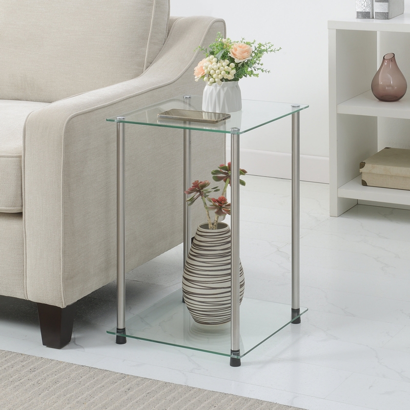 Breawna Square Glass End Table with Stainless Steel Metal Poles