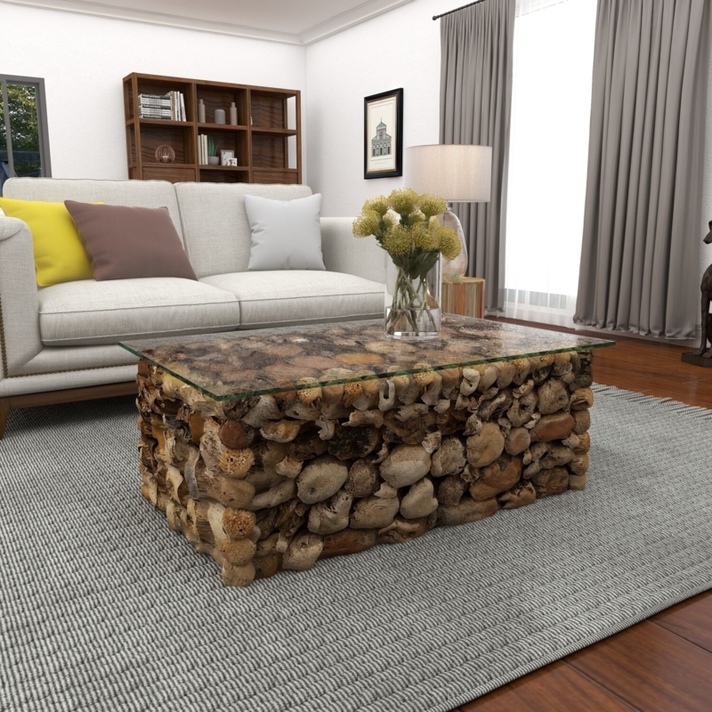 Brown Wood Handmade Stacked Collage Coffee Table with Clear Glass Top
