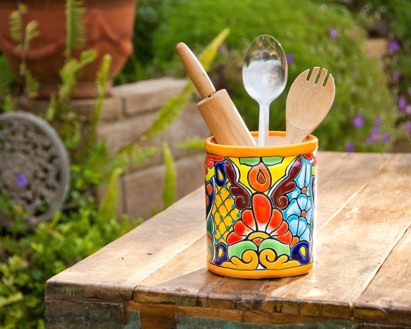 Bungalow Rose Mexican Talavera Handmade Pottery Ceramic Large Spatula Crock Counter Utensil Holder
