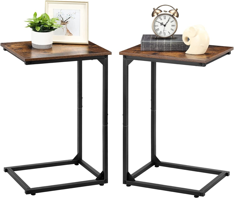 C Shaped Side Table Set Of 2, C Shaped End Table For Sofa Couch And Bed, Portable Laptop Table, Coffee Snack Table, Sofa Side Table, Wood Look Accent Table, Space Saving In Living Room, Rustic Brown