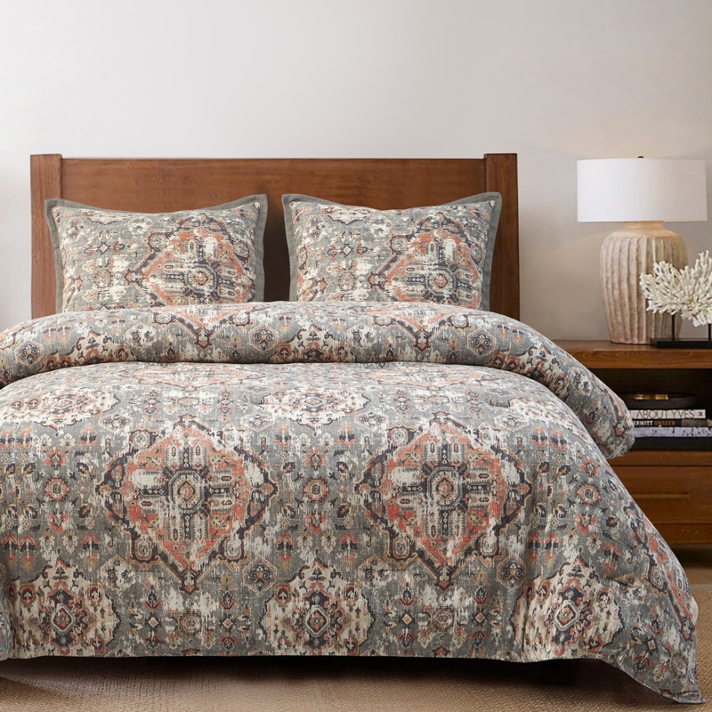 Carmen Taupe Linen Medallion Modern Rustic Comforter Set