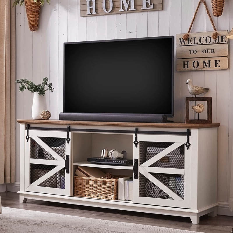 Castilla Farmhouse TV Stand for 75 Inch TV with Sliding Barn Door for Living Room