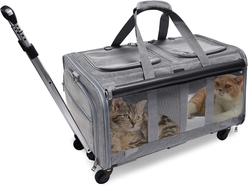 Cat Rolling Strap, 2 Cats, Dual Compartment Pet Rolling Strap With Wheels, Suitable For 2 Pets, Can Bear 35 Pounds (Approximately 15.9 Kilograms), Super Ventilated Design, Very Suitable For Travel/Hiking/Camping
