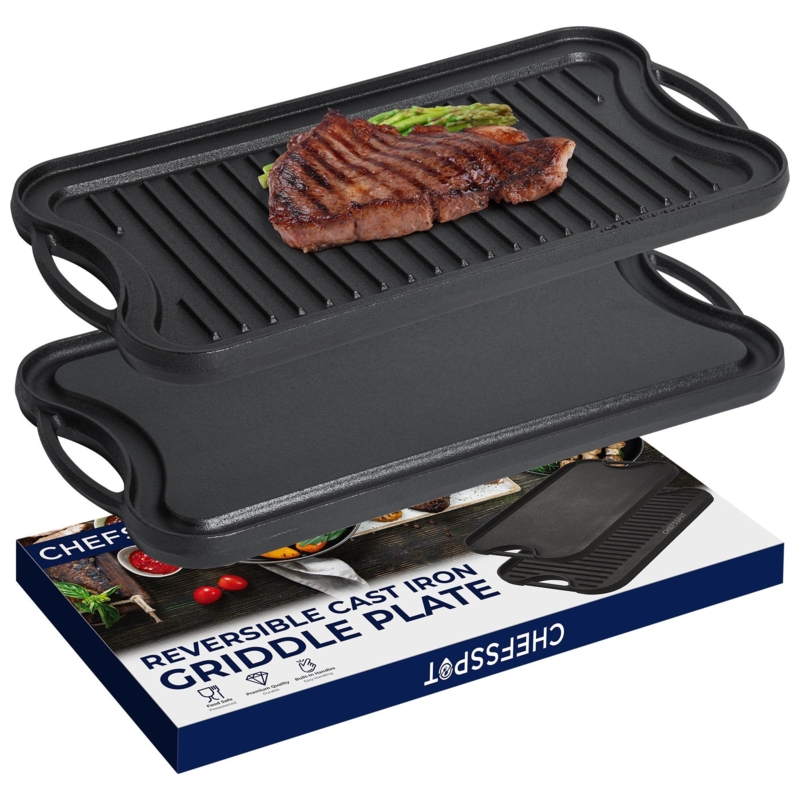 CHEFSPOT Preseasoned Cast Iron Reversible Griddle Plate Pan - Works on Oven, Stove, Grill, and Fire