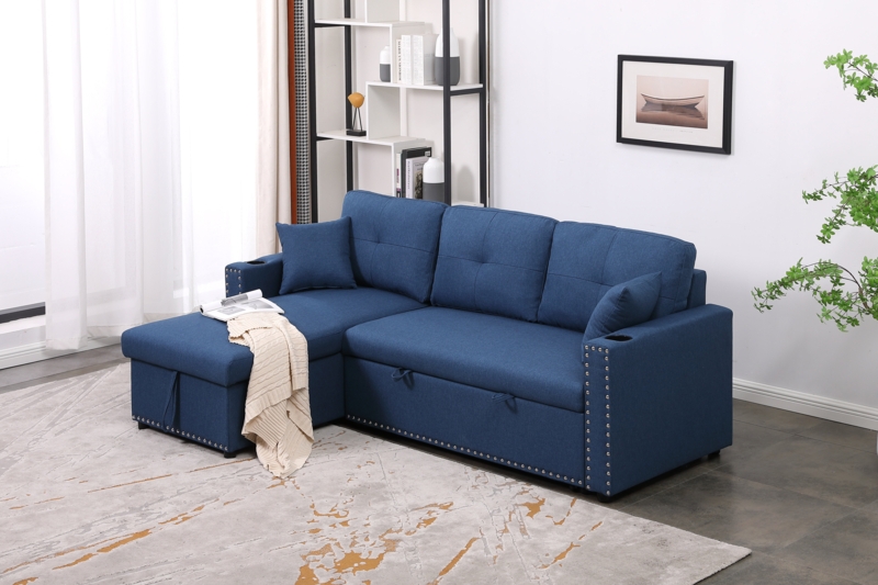 Cidalino 83'' Upholstered Sleeper Sofa Chaise with Storage& 2 Cup Holders