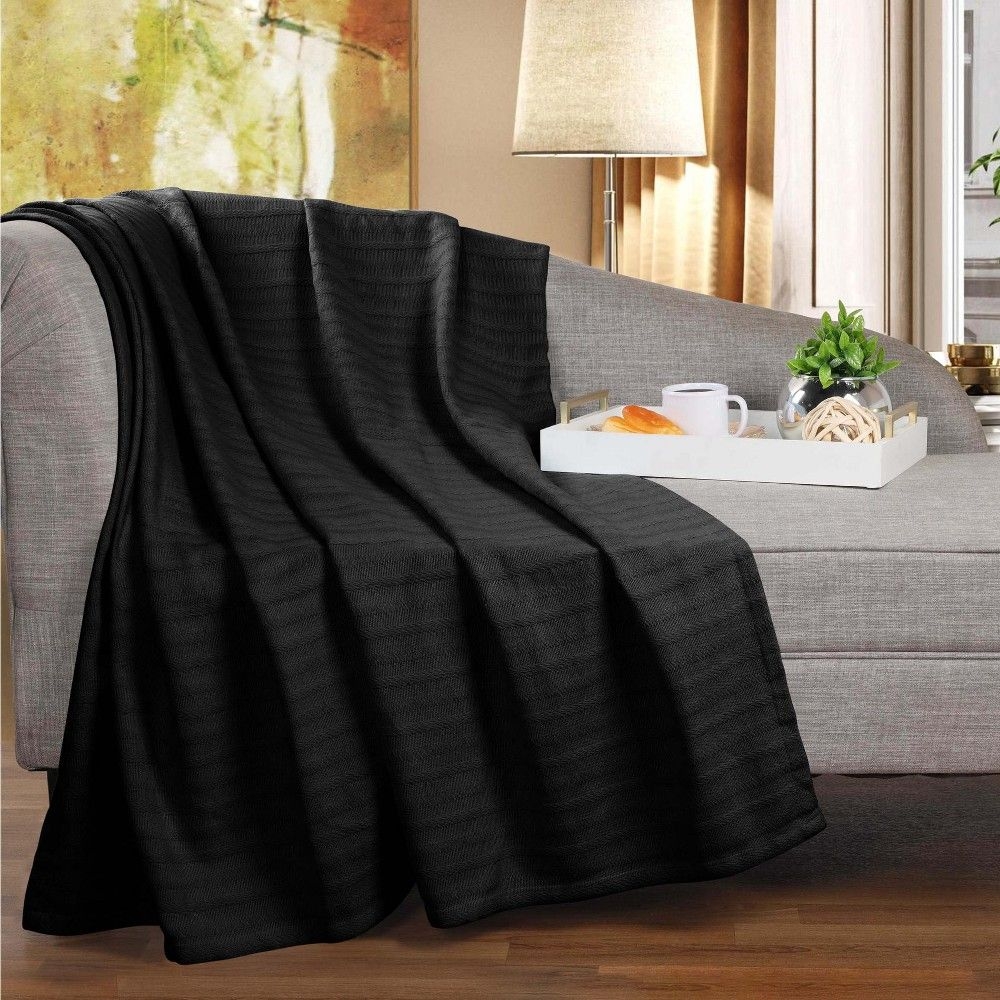 Classic Cotton Textured Striped Lightweight Woven Blanket, California King, Black - Blue Nile Mills