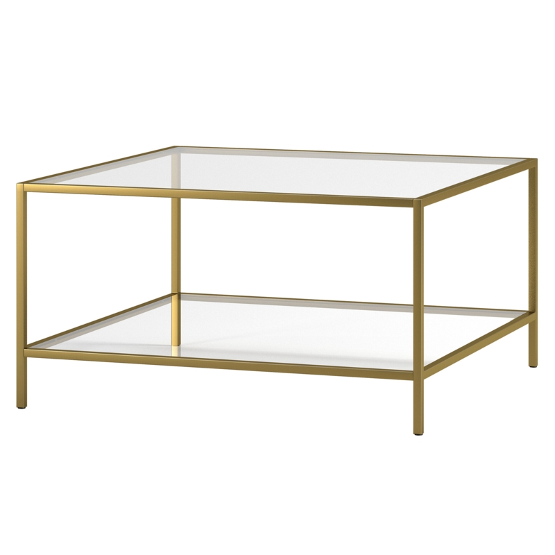 Corderia 32" Glass and Steel Square Coffee Table with Shelf