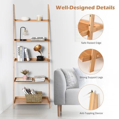 Costway 5-Tier Ladder Shelf Bamboo Bookshelf Wall-Leaning Storage Display Plant Stand