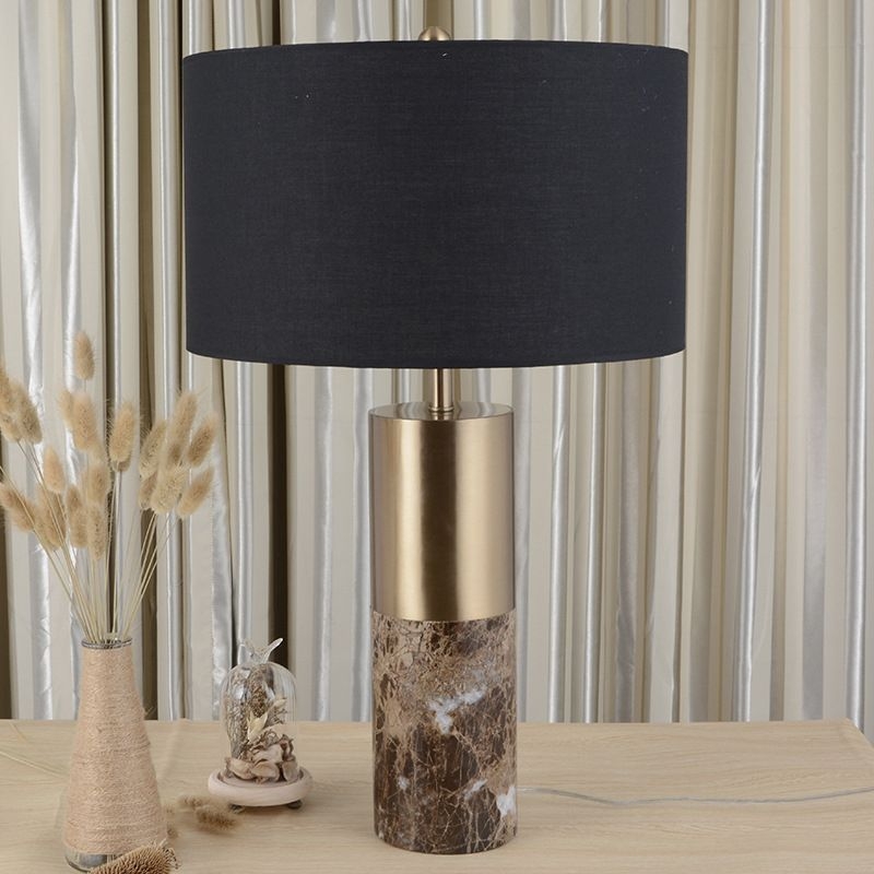 Cylinder Fabric Table Light Modern 1 Head Black Small Desk Lamp with Marble Base - Black