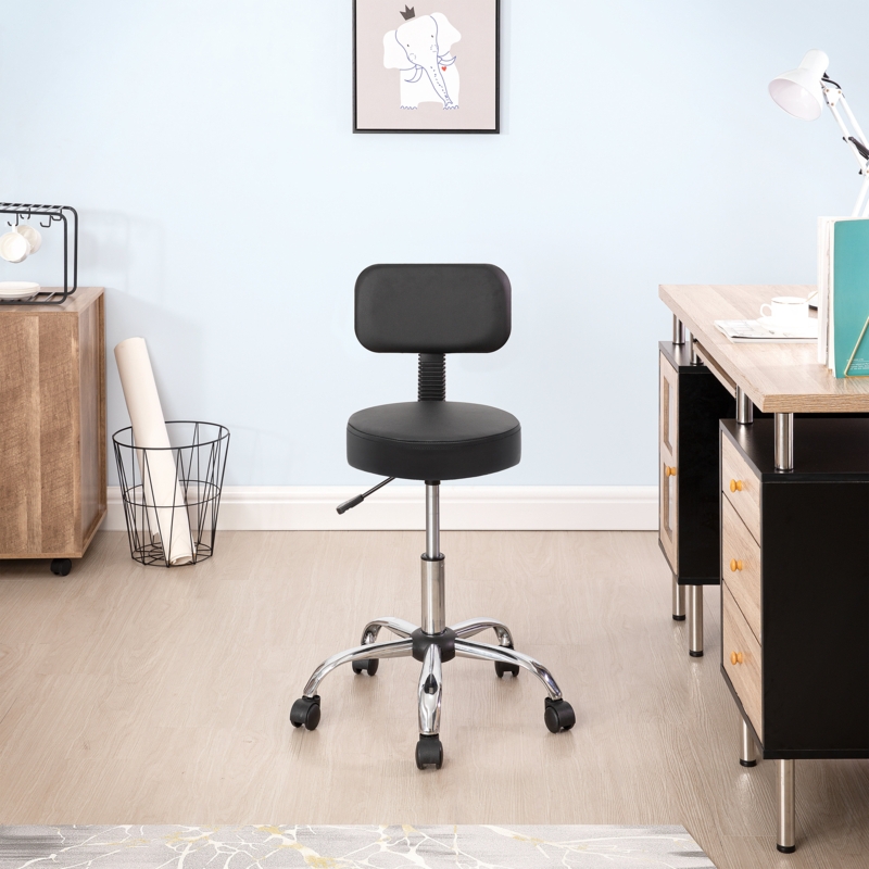 Dakotajames Adjustable Drafting Stool with Wheels and Backrest, Faux Leather Space-Saving Rolling Stool