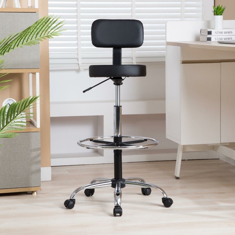 Dakotta Faux Leather Drafting Stool for Office, Studio, Adjustable Height with Backrest and Rolling Wheels