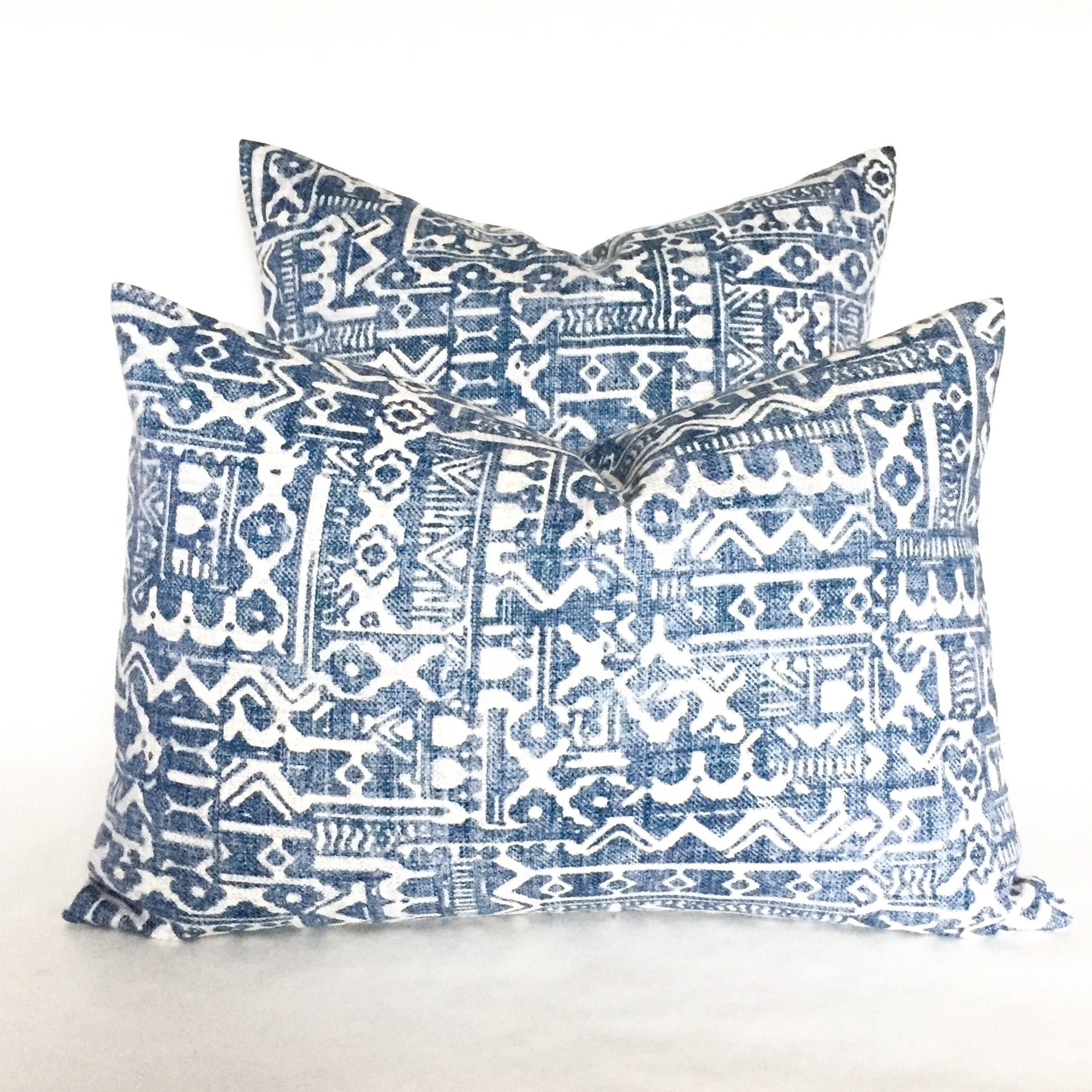 Denim Blue and Light Gray MudCloth Style Bohemian Pillow Cover in Soft Woven Linen - Feature Fabric on BOTH Sides