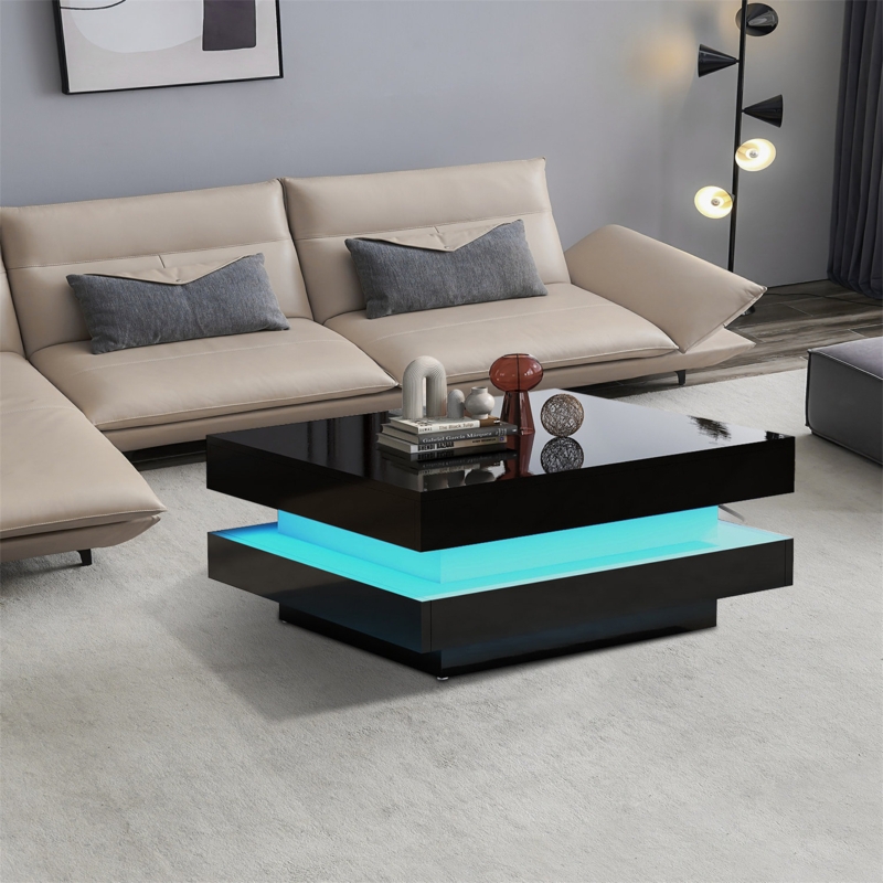 Deontea Pedestal Coffee Table with Storage,living room table with LED Lights