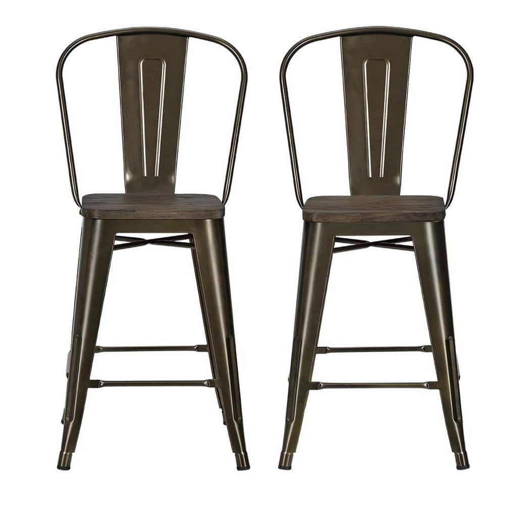 DHP Lena 24 in. Antique Bronze Metal Counter Stool with Wood Seat (Set of 2), Brown/Antique Bronze