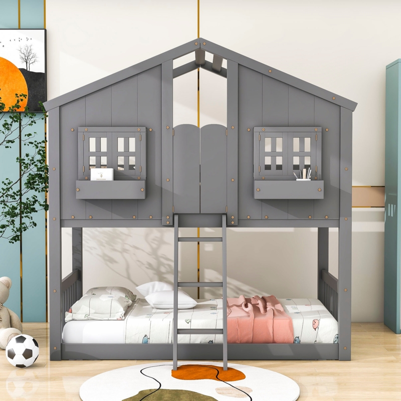 Edmonia Kids Twin Over Twin Wooden House Bunk Bed with Roof and Window