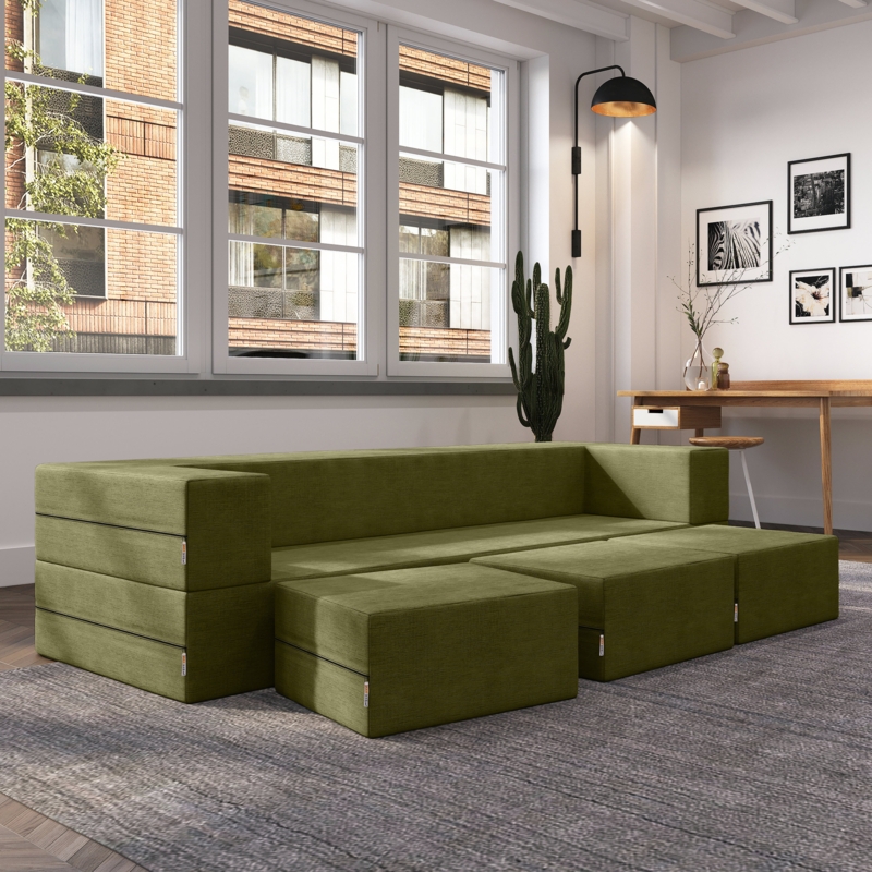 Eugene Zipline Convertible Sleeper Sofa & Three Ottomans / California King-Size Bed, Textured Microvelvet