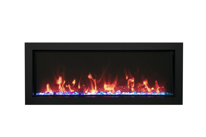 Extra Slim Outdoor Built-In Only Electric Fireplace With Black Steel Surround