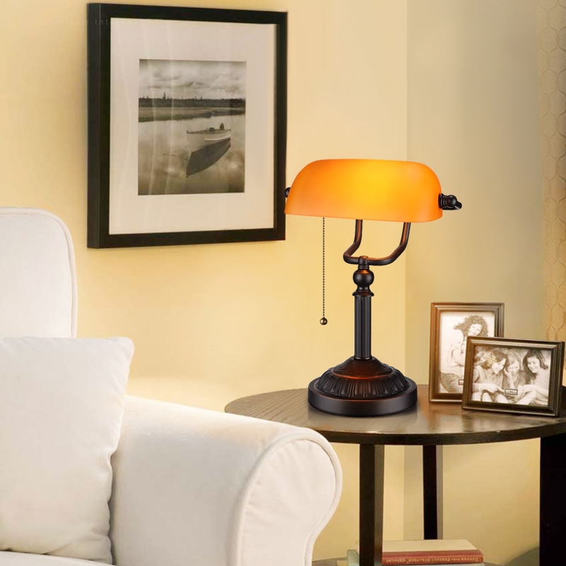 Fallon Vintage Bankers Lamp with Pull Chain Switch Traditional Amber Glass Shade Table Lamp