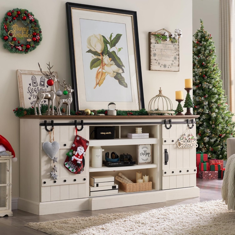 Farmhouse TV Stand Fits for 85" TVs with Sliding Barn Door & Adjustable Shelves