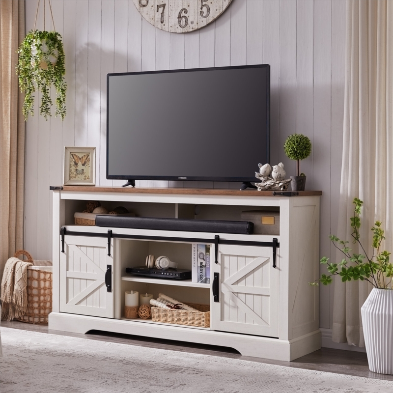 Farmhouse TV Stand for 65+ Inch TV for Living Room, with Sliding Barn Door