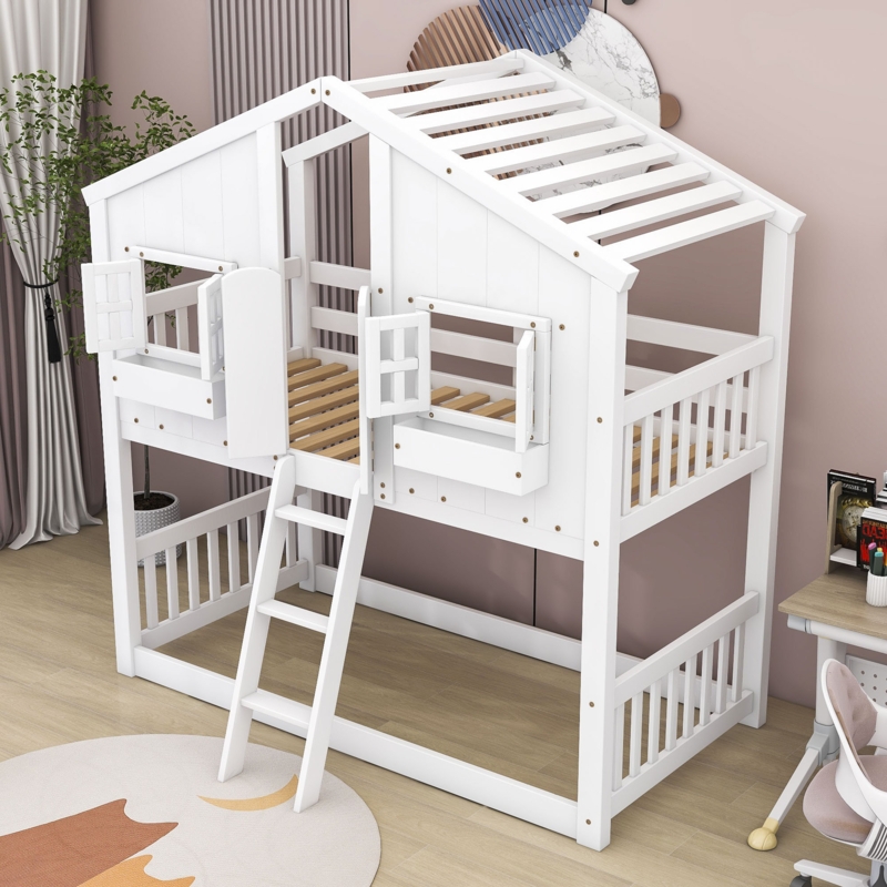 Farnon Twin over Twin Wood House Bunk Bed with Roof and Window