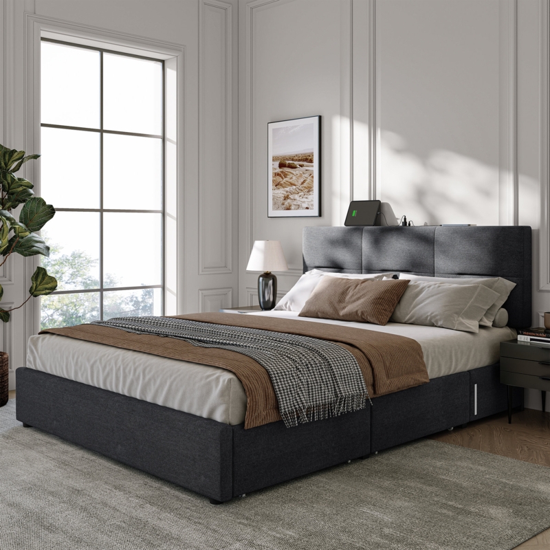 Fehi Upholstered Bed Frame with Headboard, 4 Storage DrawersCharging Station, Sensor Night Lights