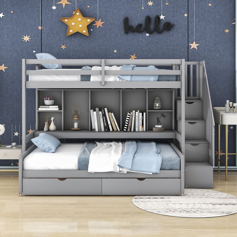 Feriz Kids Twin Extra Long Over Full Bunk Bed with Drawers