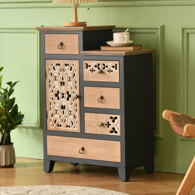 Fienley Farmhouse 30.6'' Tall 1-Door Carved Wood Accent Chest With 5-Drawers, Rich Natural,Blue