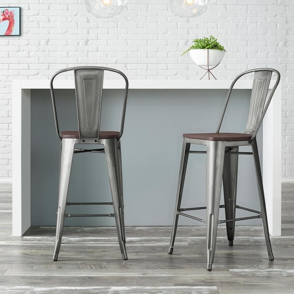 Finwick Gunmetal Gray Backed Bar Stool with Dark Wood Seat (Set of 2)