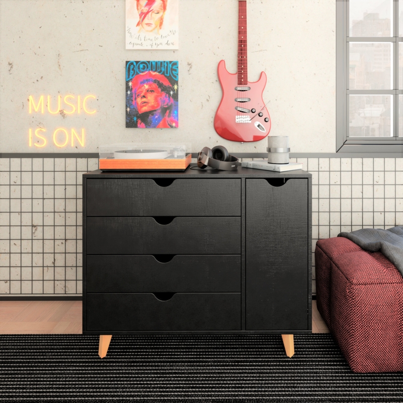 Furniture  Minimalist 4-Drawer 1-Door Dresser (35X30x16")  Solid & Sustainable Reforestation Wood Organiser  Black, White, Or Natural Wood  Versatile Home Unit For Bedroom, Office, Entryway