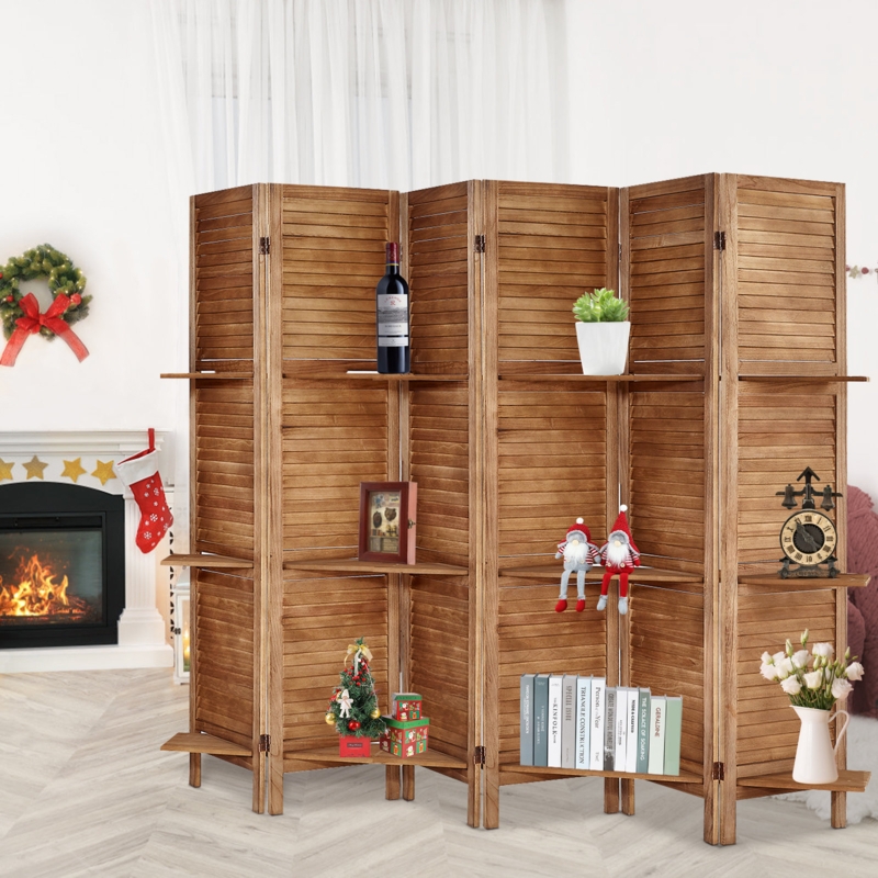 Genoveva 6 Panels Wood Room Divider with Shelves Folding Privacy Screen Partition Wall for Home Office