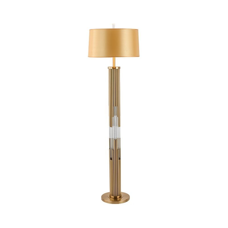 Gold 1 Bulb Floor Light Contemporary Barrel Fabric Shade Floor Reading Lamp with Crystal Tubes Stand - Gold