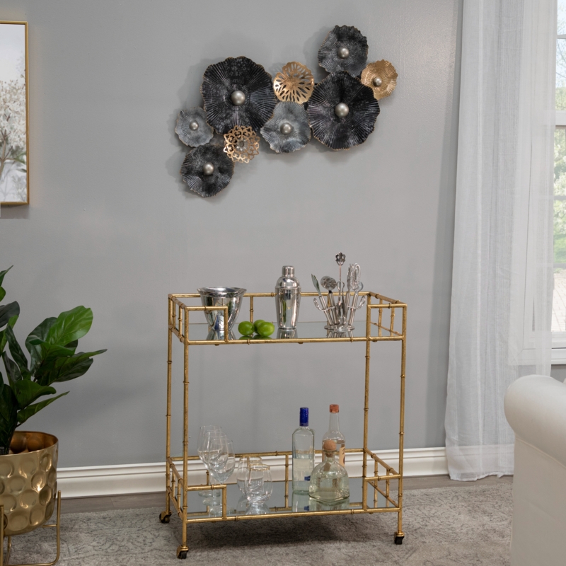 Gold Metal 31"H Bar Cart with Mirrored Top, Rod Side Borders, 2-tier Rolling Serving Cart for Indoor Use