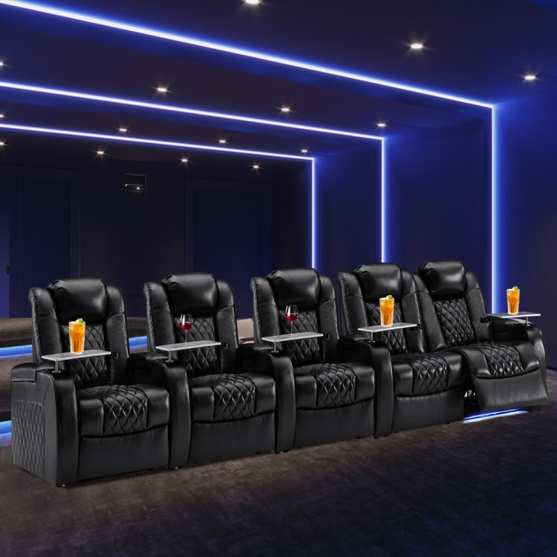 Gray Leather Home Theater Seating with Cup Holder