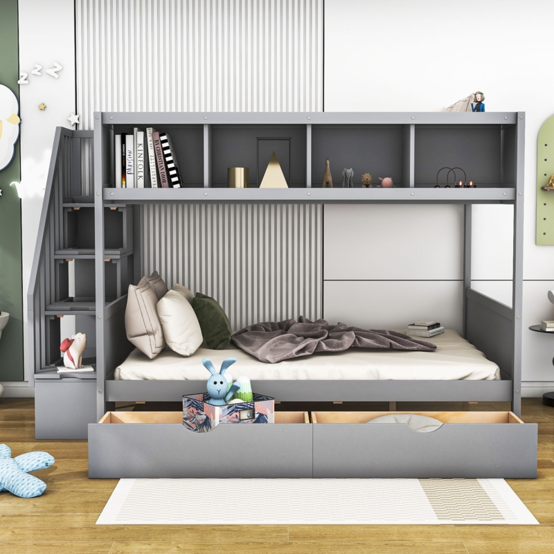 Hader Kids Twin Over Full Bunk Bed with Drawers