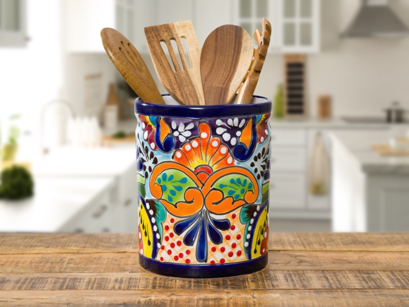 Handmade Mexican Talavera Countertop Cooking Utensil Holder Crock