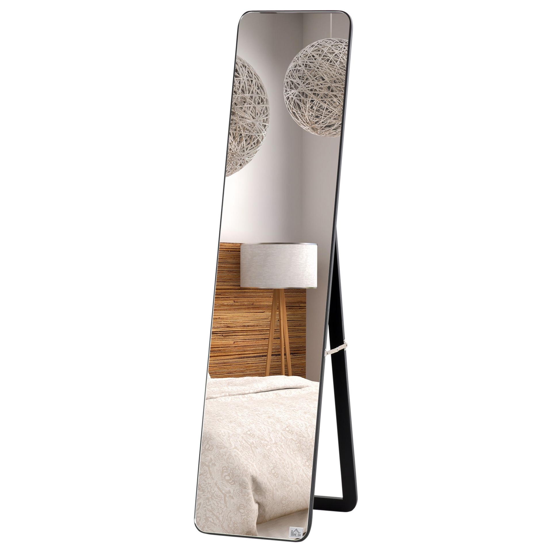 HOMCOM Specchio da Terra e da Parete con Struttura in Legno e Supporto Pieghevole, 37x43x156cm, Nero