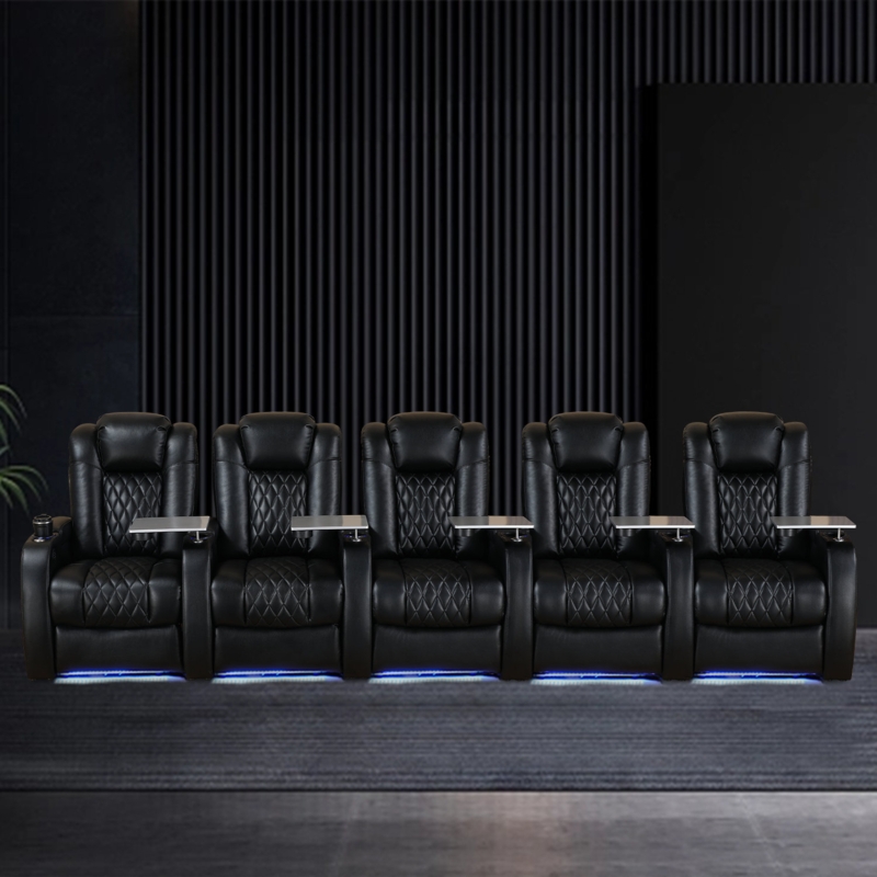 Home Theater Seating Top Grain Nappa Leather Recliner Chair Power Headrest with Tray Table Cup Hold