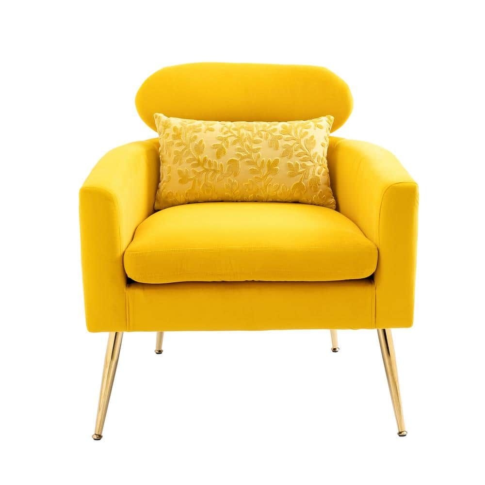 HOMEFUN Modern Yellow Velvet Golden Metal Legs Single Removeable Cushioned Accent Arm Chair with Anti-Skid Pads and Pillow