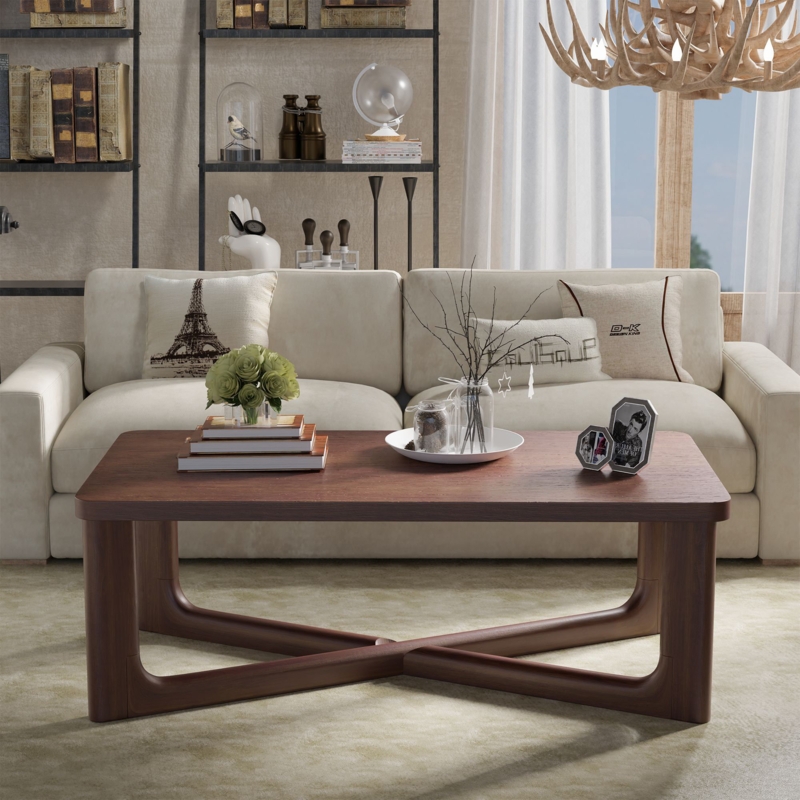Ichika Rectangle Wood Coffee Table with Oak Tabletop with Cross Base