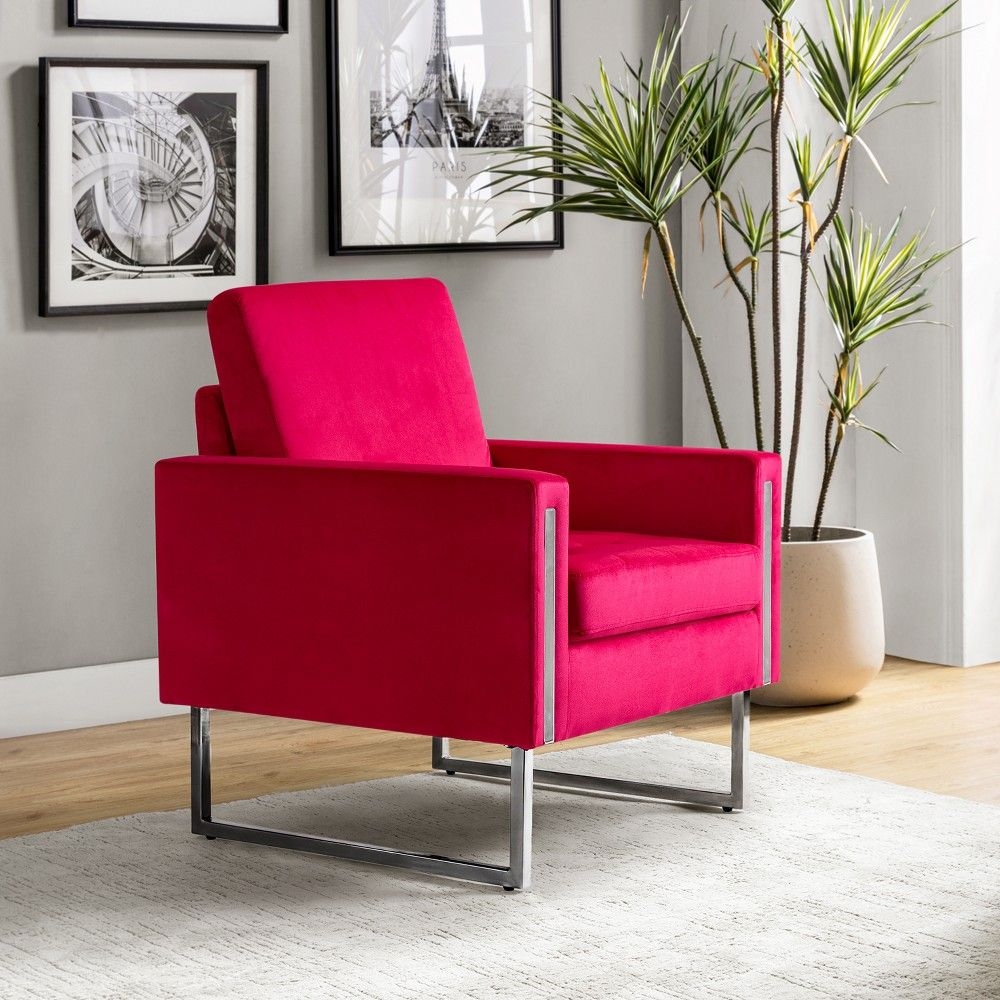 Idmon Contemporary Tufted Wooden Upholstered Club Chair with Metal Legs for Bedroom and Living Room Club Chair | ARTFUL LIVING DESIGN-FUCHSIA