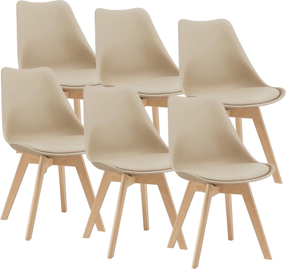 In And OutdoorMatch Eetkamerstoel Elsie - Set van 6 - Imitatieleer en Beuken - Beige - Gestoffeerde Zitting - Modern Design