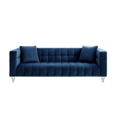 Inspired Home Jeremy 33.8 in. Navy Biscuit Tufted Velvet 4-Seat Sofa, Blue