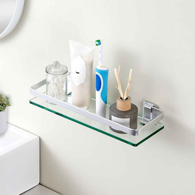 Janetta Aluminum Bathroom Glass Shelf Tempered Glass Rectangular 1 Tier Extra Thick Silver Wall Mounted