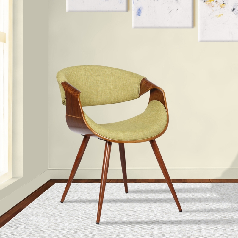 Kaleem Mid-Century Dining Chair with Open Back and Arms in Fabric and Walnut Finish