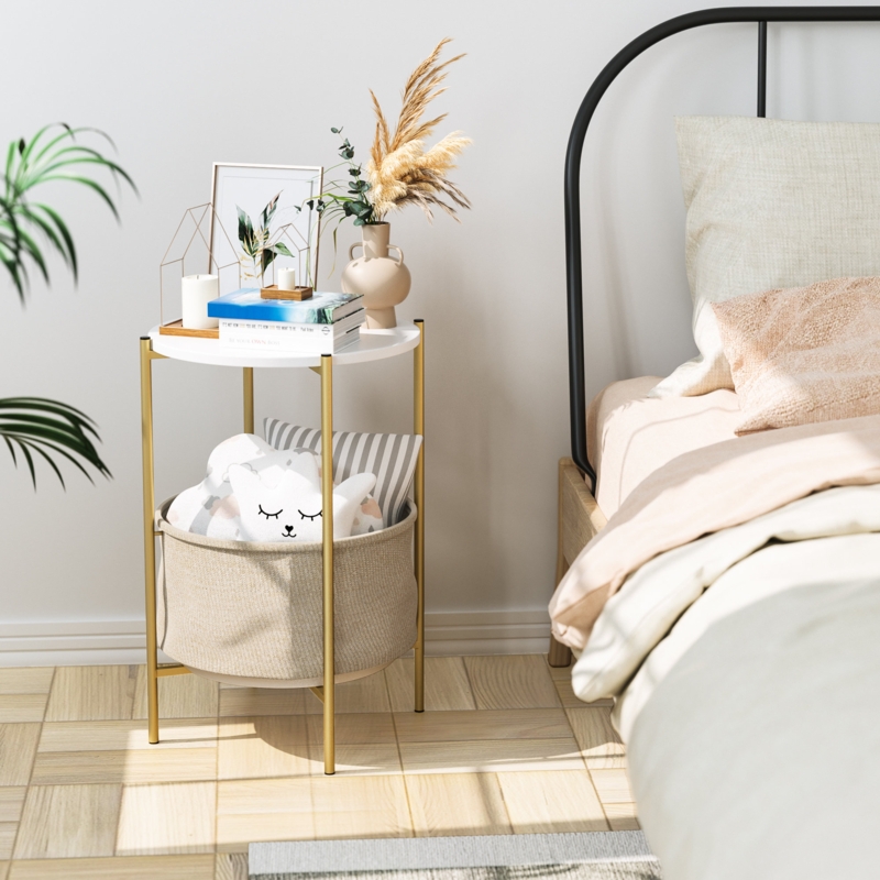 Kedesha Iron 23.6"H 15.3" W Nightstand, Round Side Table with Cloth Basket and Removable Top